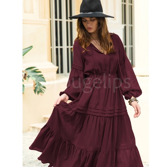 Burgundy Bohemian Maxi Dress Chiffon Neck Ties Long Sleeve Ruffle Hem Flowy - Picture 7 of 10